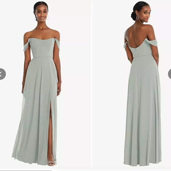 Off-the-Shoulder Basque Neck Maxi Dress Flounce Sleeves in Willow Green NWT 14R - Picture 2 of 7